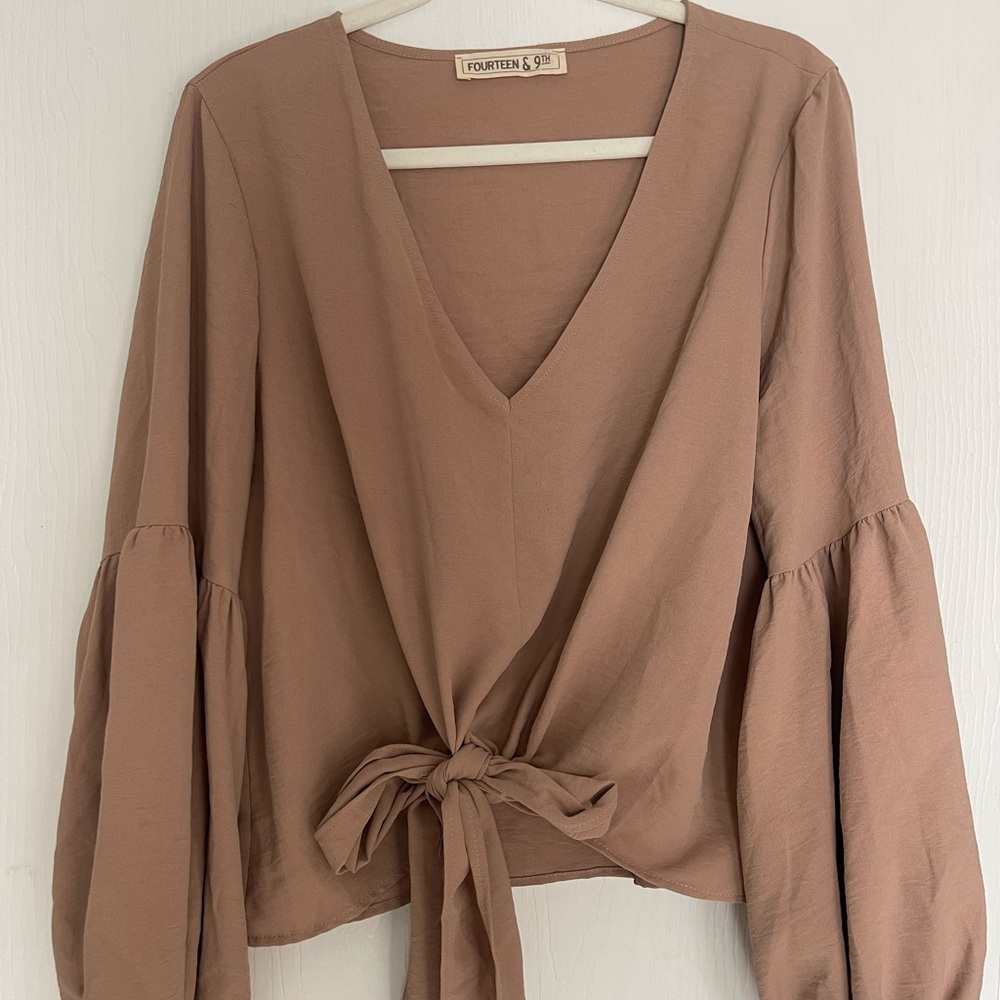 Lizard Thicket Tan Wrap Tie Front Blouse